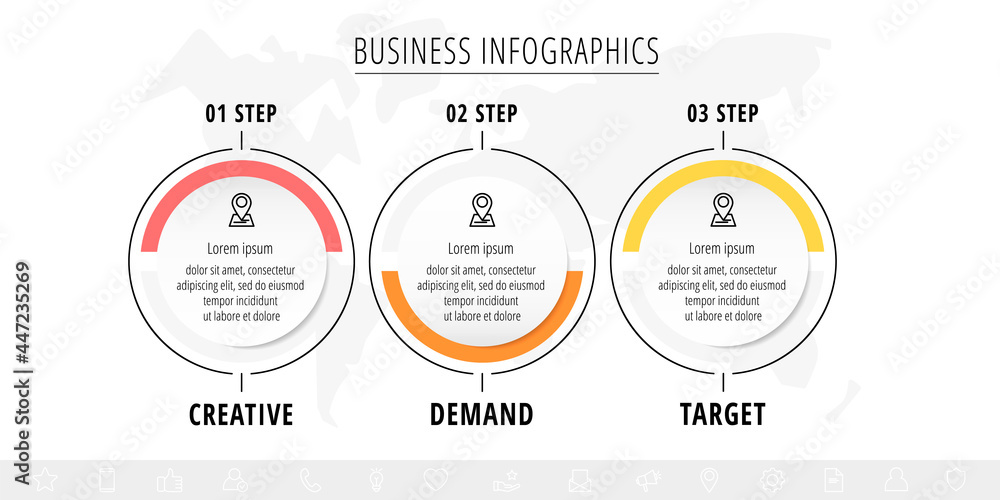 Poster business vector infographics with three line circles. timeline visualization with 3 steps for diagra