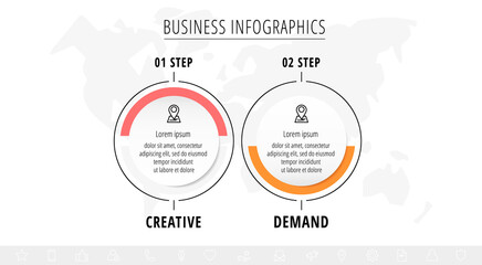 Line vector minimal infographic with circles. Business concept with 2 steps by step for diagram, chart, levels, graphic, app, icons