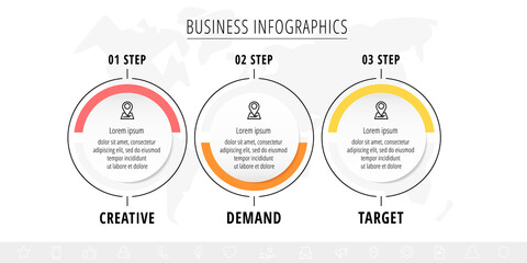 Business vector infographics with three line circles. Timeline visualization with 3 steps for diagram, flowchart, banner, presentations, web, content, levels, chart, graphic