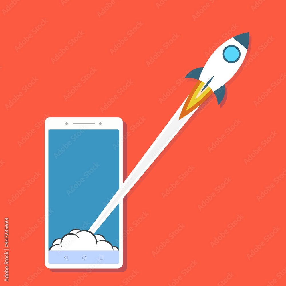 Aufkleber launch app concept on smartphone on red. stock vector