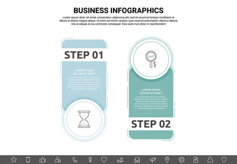 Business vector infographics with two circles and labels. Timeline visualization with 2 steps for diagram, flowchart, banner, presentations, web, content, levels, chart, graphic
