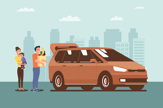 Family loads purchased groceries into their minivan. Vector illustration.