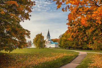 View of architectural complex in Kolomenskoye on autumn . Moscow. Russia