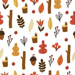 Seamless pattern with acorn, leaves, stump, flower. Colorful vector flat for kids. hand drawing. baby design for fabric, print, wrapper, textile