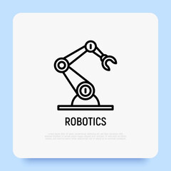 Industrial robotic arm thin line icon. Robotization, automated process. Modern vector illustration