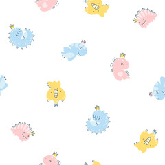 Dino princess seamless pattern. Girls dinosaurs in crowns in a simple childish hand-drawn Scandinavian style. Vector texture for baby clothes, packaging, wallpapers, textiles, fabrics.