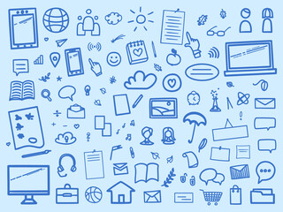 Education. Set of different signs and symbols. Abstract sketchy background with hand drawn school supplies. Technology concept. Freehand drawing. Banner design