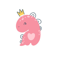 Dino baby princess. Dinosaur girl wearing a crown. Cute simple childish hand-drawn cartoon doodle scandinavian style. Vector illustration. Isolate on a white background. Pastel palette.