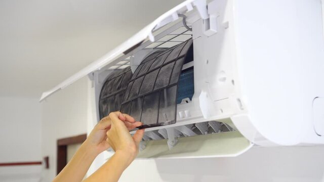 Dirty air conditioner filter need cleaning. Air conditioner service, repair and clean equipment.