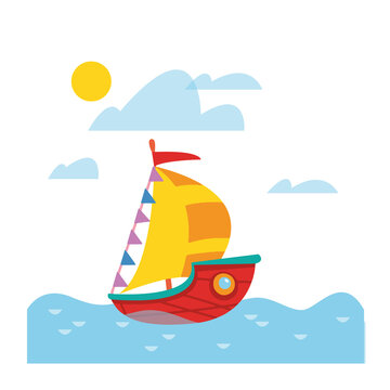 Marine print with a cute boat on the background of the sea and clouds. Colored childrens illustration with sea transport. Vector yellow sailboat isolate on white