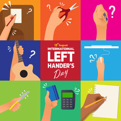 Happy Left-handers Day. Left-handed character illustration. Vector Illustration of International lefthanders Day. August 13. 