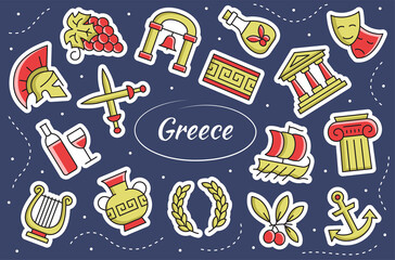 Greece, greek culture - sticker set.  Vector line symbols collection.