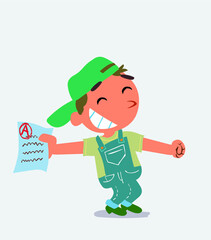 happy cartoon character of little boy on jeans rejoices with exam in hand.