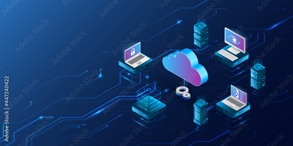 Poster Abstract datacenter, network system. Web hosting vector banner. Isometric Cloud computing, media server. 3d Futuristic Hosting server