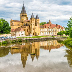 View at the Basilica and Abbey of Sacred Heart of Jesus with Bourbince river in Paray le Monial...