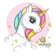 Portrait of cute unicorn .Beautiful picture for your design. Children background. Magic pony.  Hand drawn illustration  on white. Isolated. - obrazy, fototapety, plakaty