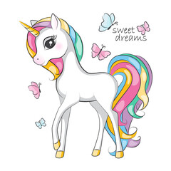 Obraz na płótnie Canvas Beautiful illustration of cute little smiling unicorn with mane rainbow colors .Hand drawn picture for your design.