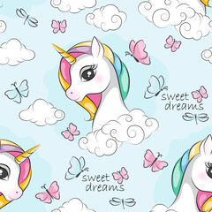 Seamless pattern of cute little magical unicorn, clouds and butterfly. Colorful illustration for children wallpaper  textile and gift paper. - 447240498
