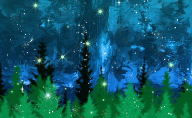 Winter landscape with a lonely christmas tree. Wnter holiday illustration. Green fir tree and the snowflakes background.