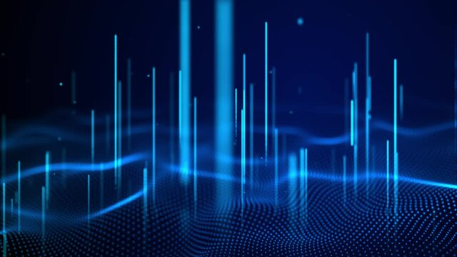 HUD Bright beams Abstract Blue neon line technology loop background 4K 3D. Application code cyberspace. Data flow texture. surfaces simmetrical structures. Digital bg with particle hologram.