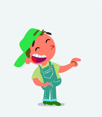  cartoon character of little boy on jeans points to his side while laughing.