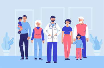 Family doctor with patients. Happy family mother, father, children, grandfather, grandmother with a professional doctor.