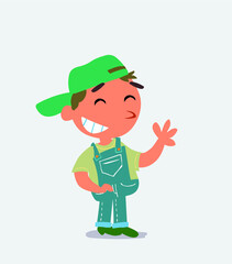  cartoon character of little boy on jeans waving informally while laughing.