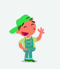  cartoon character of little boy on jeans waving informally while smiling.