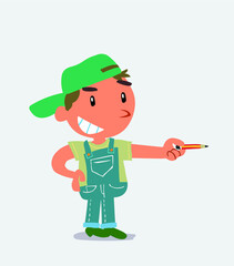  happy cartoon character of little boy on jeans points with pencil to the side.