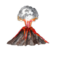 Watercolor volcano illustration isolated on white background - obrazy, fototapety, plakaty