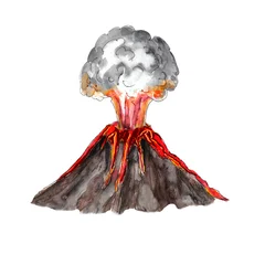 Fotobehang Watercolor volcano illustration isolated on white background © onanana