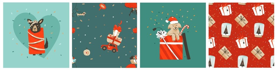 Hand drawn vector abstract stock graphic Merry Christmas and Happy New Year cartoon,illustrations prints collection set with domestic dogs,present box and Christmas tree isolated on color background