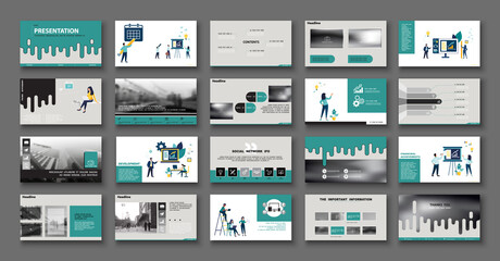 Business presentation, launch financial annual report project. Infographic design template, green, black elements, gray background, set. A team of people creates a business, teamwork.Mobile app