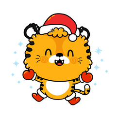 Cute funny 2022 New Year symbol tiger in christmas cap character. Vector cartoon kawaii character illustration icon. Isolated on white background. Tiger symbol of New Year 2022 character concept