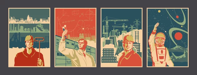 Fotobehang Retro Propaganda Posters Style Illustration Set, Men at Work, Industrial Backgrounds, Laboratory, Alien Planet © koyash07