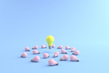 3D rendering of The yellow energy-saving lamp is floating on a pink light bulb placed on a pastel blue floor. and the blue background. concept for new ideas and Outstanding idea, illustration.