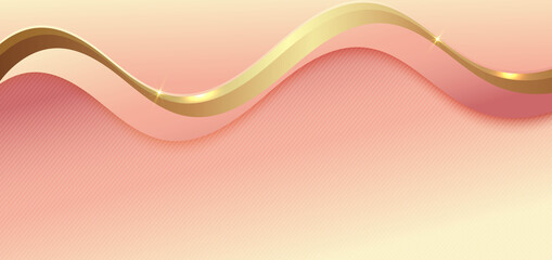 Abstract soft pink and yellow gradient color wave shape with gold stripes overlap layers background with space for text.