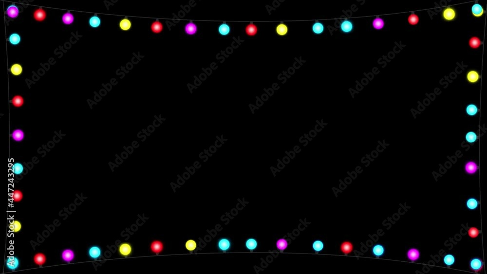 Poster 4k corner frame and border with copy space colorful light bulb string with flashing light bulbs. 3d 