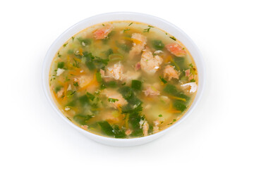 Bowl of clear salmon soup on a white background