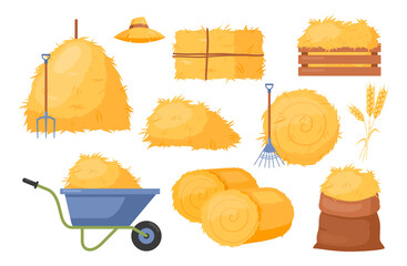Bale of hay. Vector set of bale of hay icons with straw, wheat and rye ears, dried haystack, hayloft, roll pile, wheelbarrow, pitchfork, rake. Agricultural rural haycock. Rural farming illustration - obrazy, fototapety, plakaty