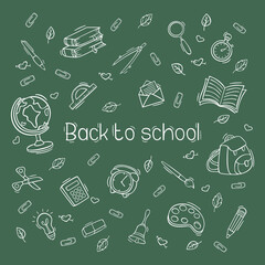 Fototapeta na wymiar Hand drawn back to school icon set in doodle style. Knowledge day. Vector illustration isolated on white background.