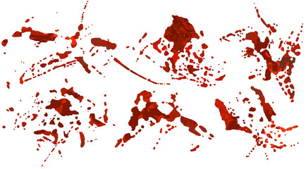 Set of blood spatter, realistic texture isolated on white background. Red blot with splashes, spilled paint. Drops of blood and smeared spots on the surface. Vector object