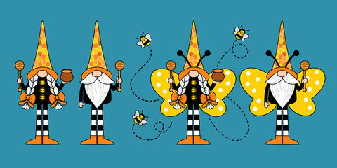 Fototapeta premium .Boy and girl gnomes on long legs with a wooden spoon, honey pot and funny bees. Isolated vector set in cartoon style. Garden decor..