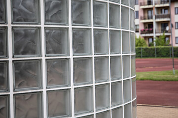 Glass block wall. Construction, design and urban environment