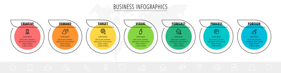 Line vector minimal infographic with circles. Business concept with 7 steps by step for diagram, chart, levels, graphic, app