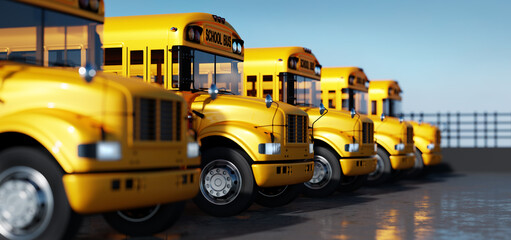 Yellow school bus fleet on parking - obrazy, fototapety, plakaty