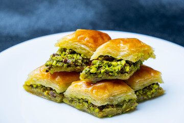Traditional Turkish dessert baklava close-up.