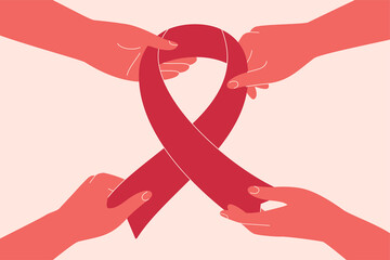 Breast cancer awareness month concept with four hands hold pink ribbon. Vector illustration of support and solidarity women oncological disease. Human arms surround big pink ribbon.