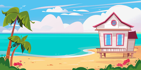 Fototapeta na wymiar Beach and sea, beach white bungalow house and palm trees. Vector illustration of a hotel by the ocean. Rest on the islands against the background of the sky. Cartoon house