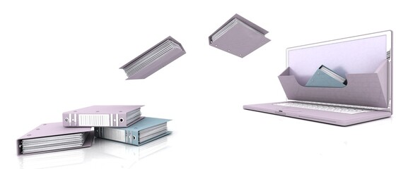 ARCHIVE .Laptop and folders for documents. 3d Render Illustration.